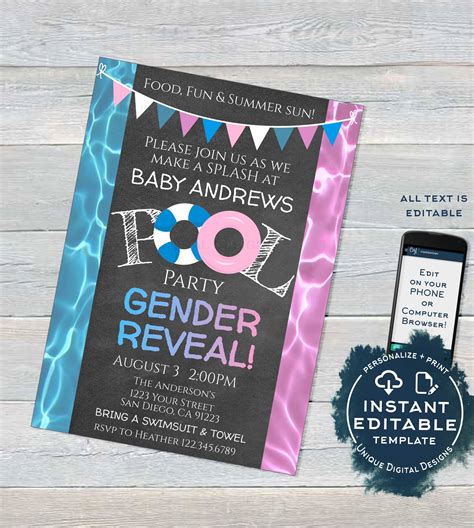Editable Pool Party Gender Reveal Invitation He Or She Summer Pool