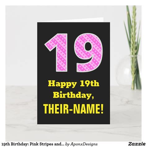 19th Birthday Pink Stripes And Hearts 19 Name Card