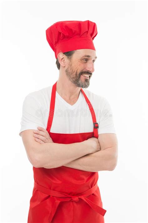 Confident In His Culinary Skills Senior Cook With Beard And Moustache Wearing Bib Apron Stock