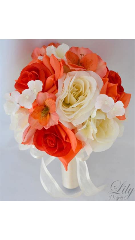 Coral And Ivory Flowers Silk Flower Bouquets Wedding Bouquets