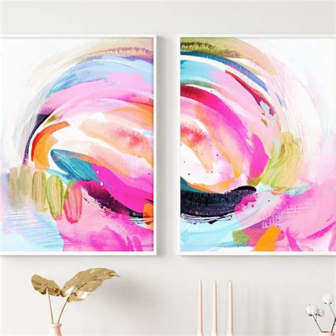 Vibrant Abstract Paintings Set Of Two Prints Colourful Wall Etsy