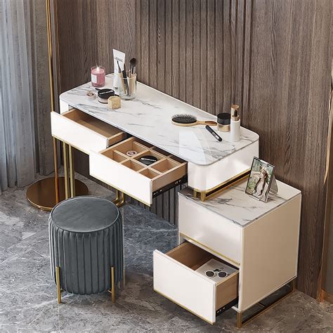 Modern White Makeup Vanity Sintered Stone Top Expandable Dressing Table