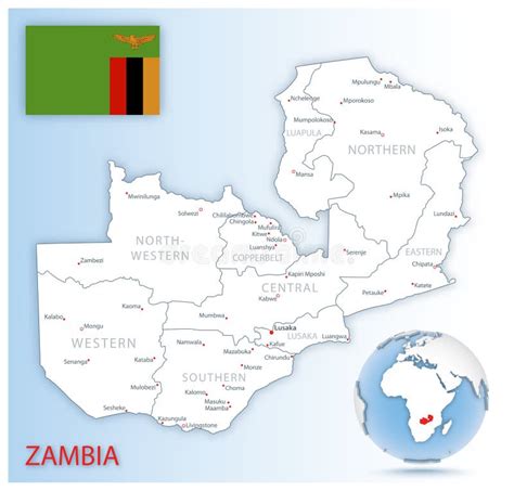 Zambia Detallado Mapa Azul Administrativo Con La Bandera Del País Y La