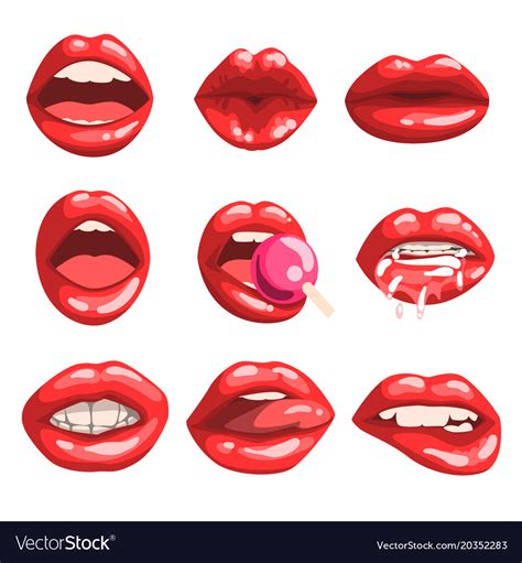 Red Glossy Lips Set Girls Mouth With Lipstick Vector Image