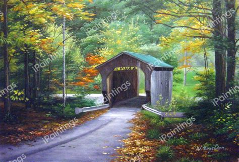 Covered Bridge In Autumn Painting By Our Originals Reproduction