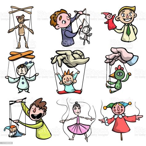 Set Of Puppets Marionettes And Puppet Masters Raster Illustration In