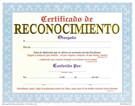 Certificado De Reconocimiento Pqt De 15 Editorial Evangelica