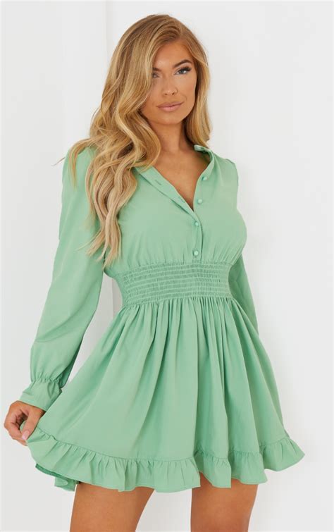 Sage Green Shirred Waist Shirt Dress Prettylittlething Qa