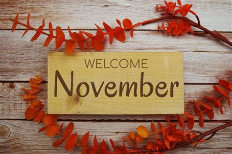 Welcome November Text On Wooden Board With Orange Leaves Decorate On