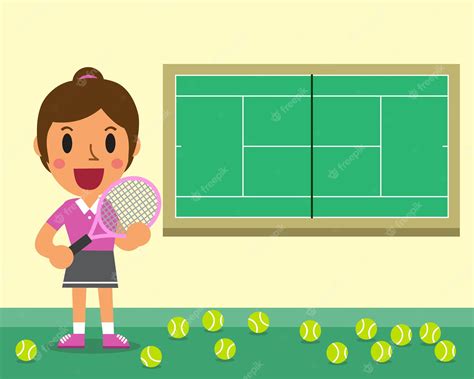 Jugador De Tenis Femenino De Dibujos Animados Y Ilustración De La Cancha Vector Premium