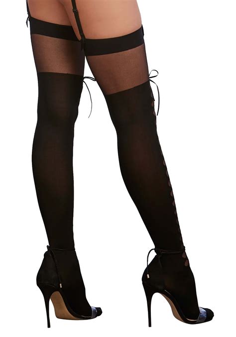 Womens Sheer Black Thigh High Stockings With Front Lace Up Detail And