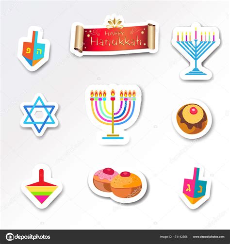 Happy Hanukkah Holiday Stickers Set Traditional Symbols Menorah
