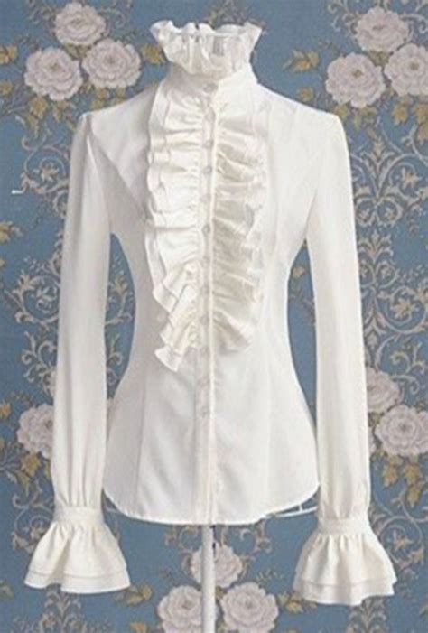 Ladies High Neck Frilly Womens Vintage Victorian Ruffle Top Shirt