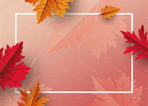 Autumn Leaves On Pink Background With White Rectangle Frame In The