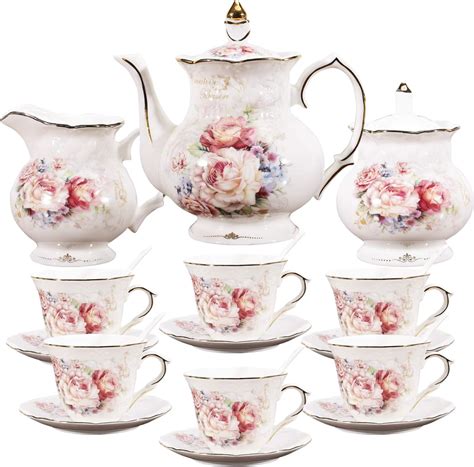 Fanquare 15 Pieces Porcelain English Tea Set Floral Coffee Set For