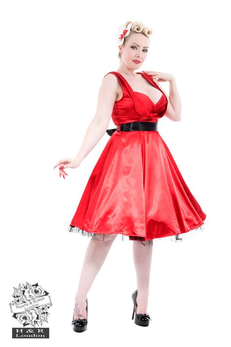 red satin 50s prom swing dress in red hearts and roses london