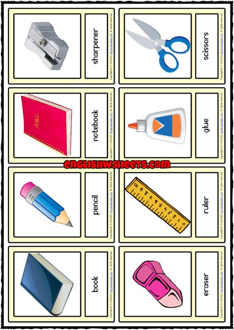 School Supplies Esl Printable Vocabulary Learning Cards