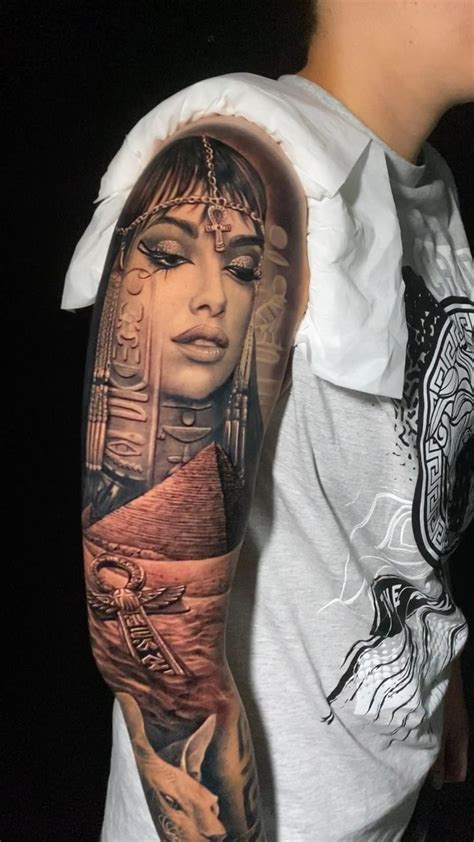 Cleopatra And Giza Pyramids Piece Done By Dario Tattooarte Egyptian Tattoo Sleeve Egyptian