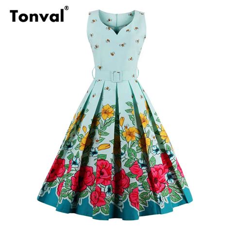 Tonval Plus Size 4xl Floral And Bees Print Dress Women Vintage Flowers Belted Elegant Robe