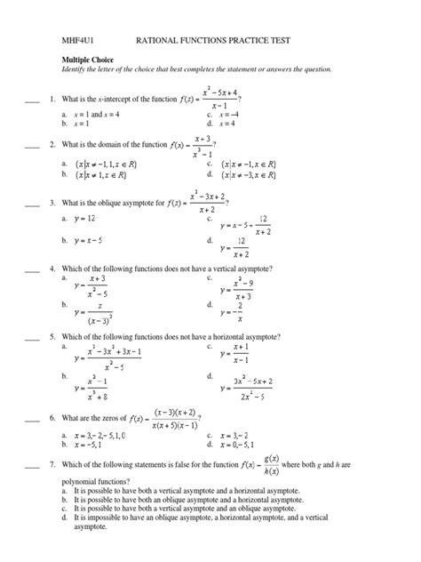 Rational Functions Practice Test Asymptote Function Mathematics