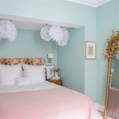 Scandi Childrens Room With Mint Green Wall Floral Headboard Mint