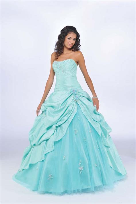 Aqua Ball Gown Strapless Full Length Ruffled Quinceanera Dresses With Appliques