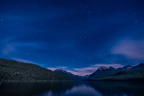 Calm Water Between Two Mountains Under The Blue Starry Night Bowman