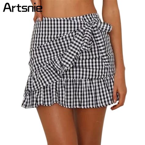 Artsnie Casual Plaid Ruffles Summer Beach Mini Pencil Skirt Women High