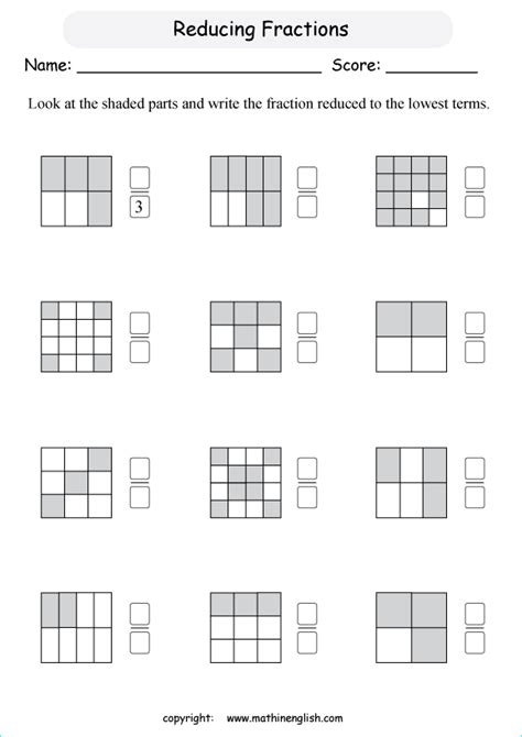 Reduce the shaded fractions of shapes to their lowest terms. Math class