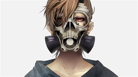 Anime Boy Blonde Hair Gas Mask Skeleton Red Eye Cool Skull Anime