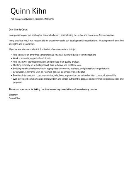 Financial Advisor Cover Letter Velvet Jobs