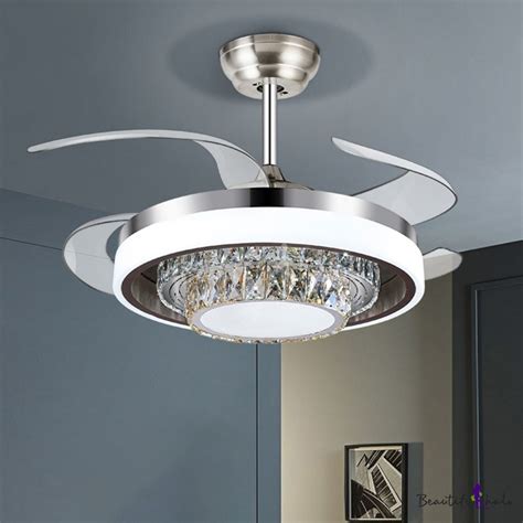 Modern Circular Ceiling Fan Light Cut Crystal Led Flush Mount In Silver