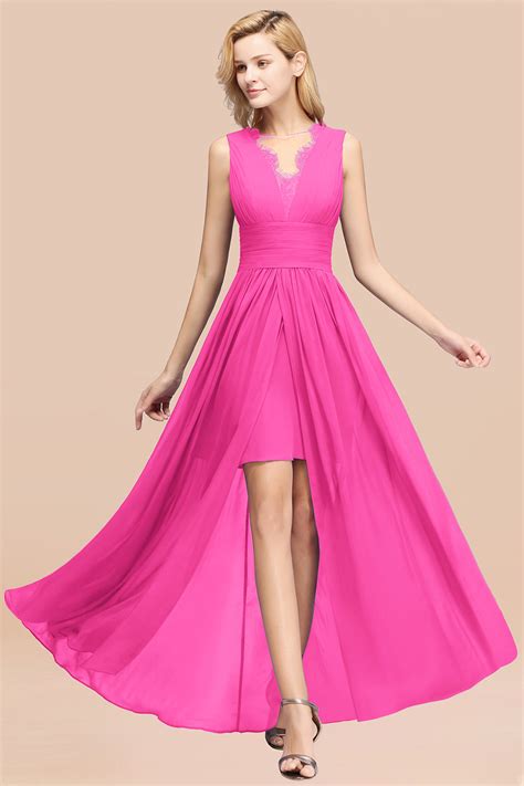Elegant A Line Lace Chiffon Jewel Sleeveless Ruffles Bridesmaid Dress Biztunnel