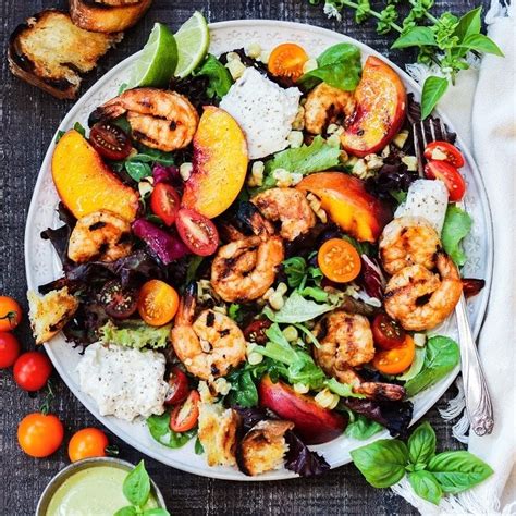 Grilled Shrimp And Peach Salad With Burrata And Basil Give It Some Thyme