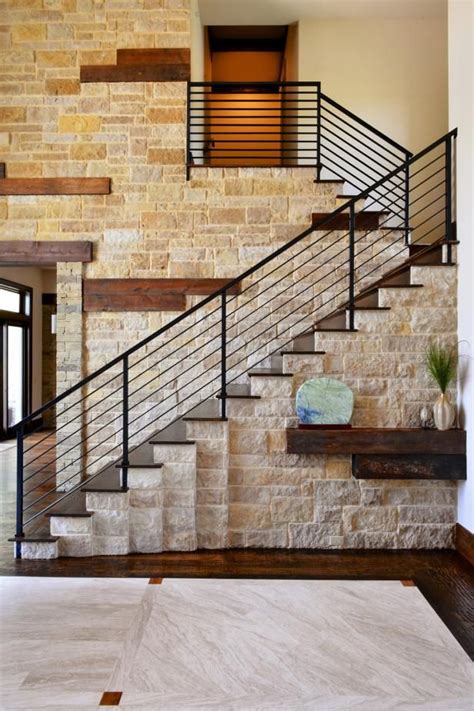 Staircase Features Stone Walls With Wood Accents Transitional Decor