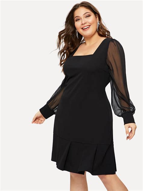 shein plus mesh sleeve square neck solid dress mesh sleeved dress midi dress party ruffle