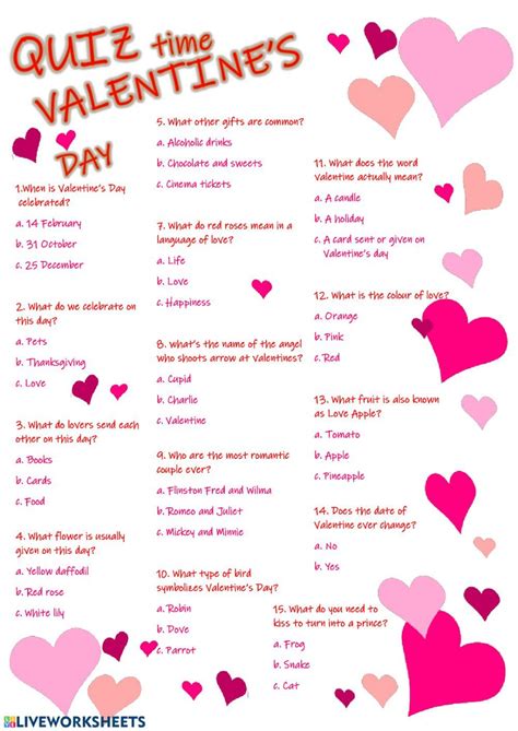 Valentines Day Quiz Worksheet Valentines Day Trivia Valentine