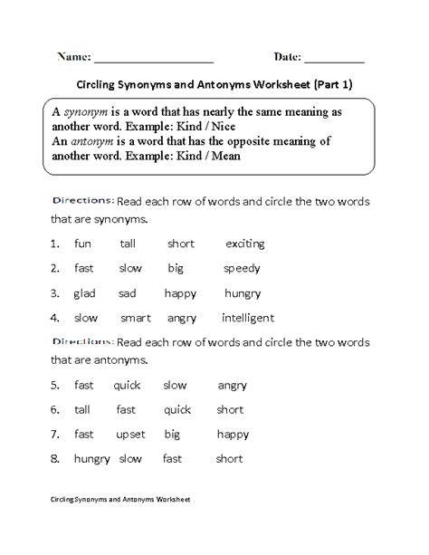 Synonyms And Antonyms Worksheets 3rd Grade