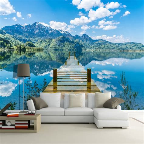 3d Wallpaper Nature Scenery Blue Sky Wooden Bridge Lake