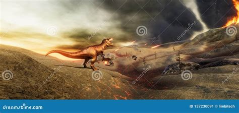 Dinosaur Extinction Erupting Volcano Artwork Stock Image