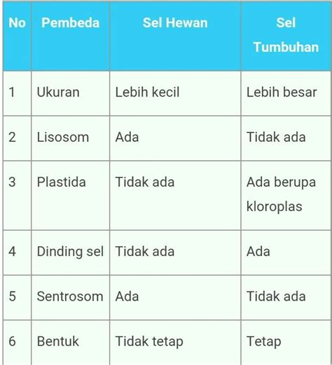 Tabel Perbedaan Sel Hewan Dan Tumbuhan