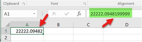 ใน Excel เมื่อฉันป้อน 22222.09482 ฉันจะเห็นหมายเลข 22222.0948199999 ในแถบสูตร
