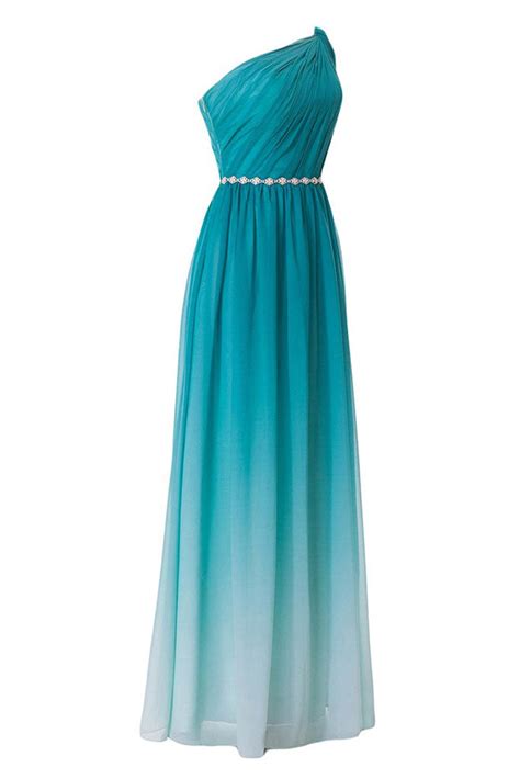 Turquoise Gradient One Shoulder Chiffon Ruched Dress With Beaded Belt