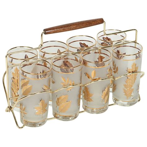 Set Of Eight Mid Century Libbey Glasses In Brass Cart Vintage