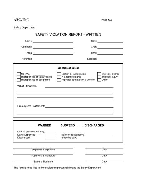 Employee Safety Violation Form | Employee safety, Construction safety, Workplace safety