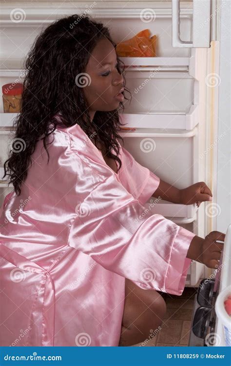 Obese Black Woman Get To Fridge For Late Snack Royalty Free Stock