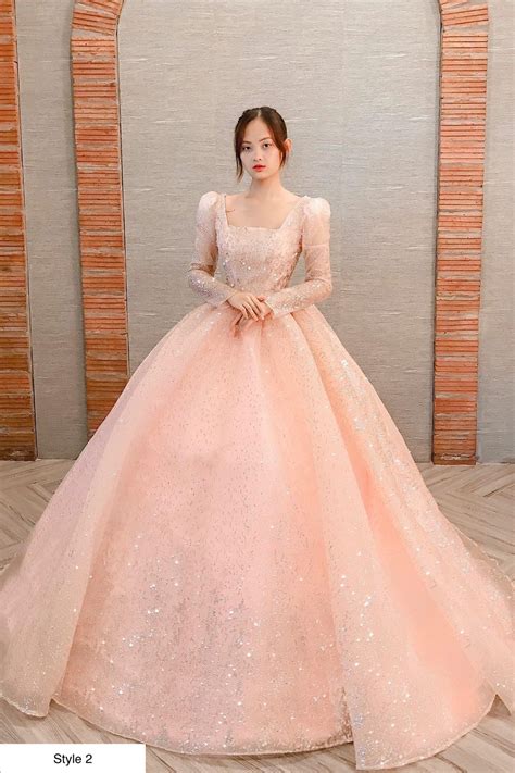 Light Pink Sparkle Long Sleeves Ball Gown Wedding Dress With Etsy