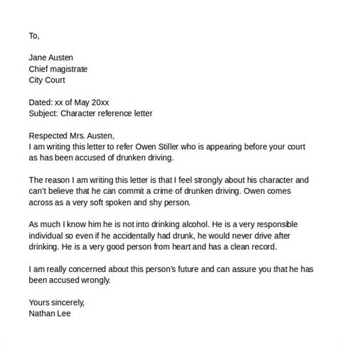 Sample Character Reference Letter For Court Template