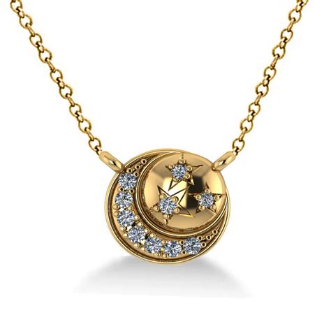 Diamond Crescent Moon And Stars Pendant Necklace 14k Yellow Gold 014ct