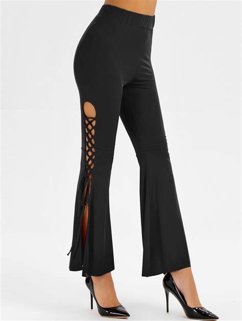 [38 off] 2020 lace up slit solid flare pants in black dresslily